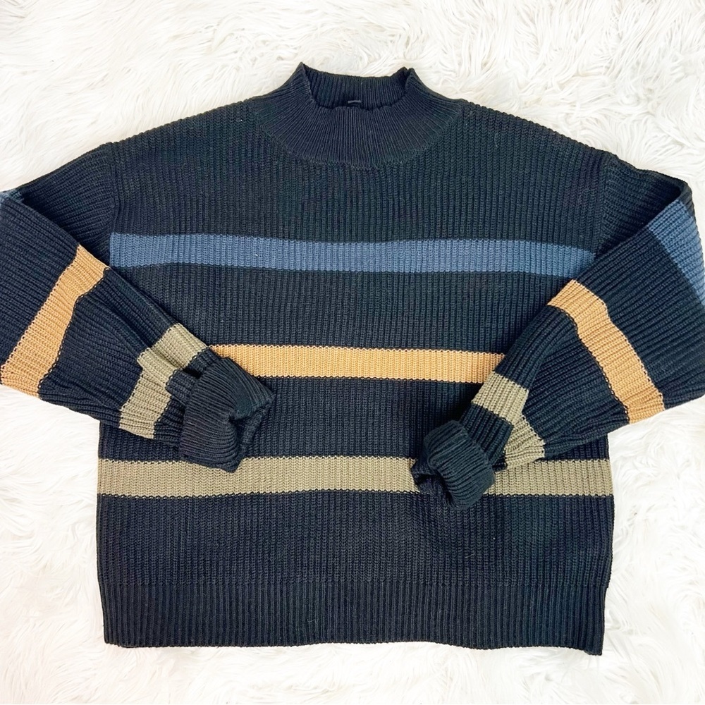 I JOAH BLACK BROWN BLUE STRIPE MOCK NECK PULLOVER SWEATER SZ LARGE NWOT